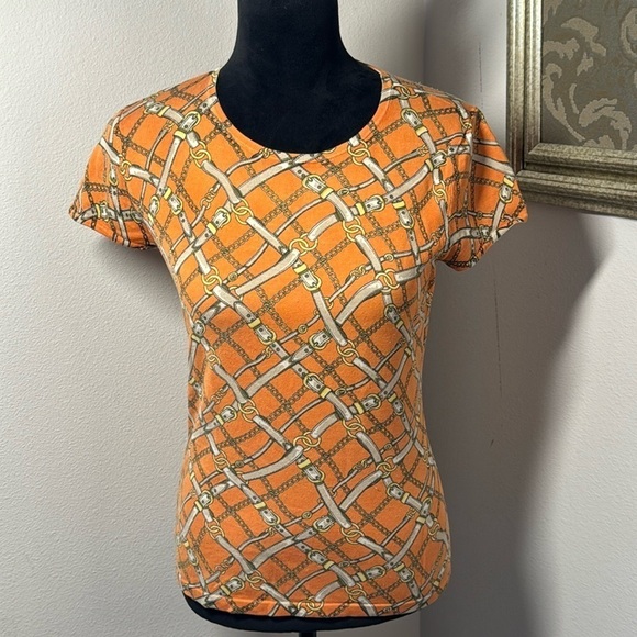 Ann Taylor Sz S silk blend chain buckle belt print orange tan cap sleeve sweater - Picture 1 of 5